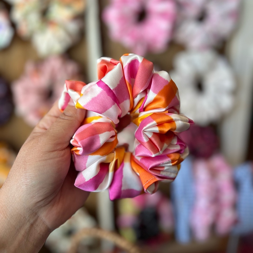 Pink & Orange Striped Satin Scrunchie by